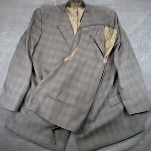 Caravelli Mens 2 Piece Suit 60L Taupe Plaid Henry w/Vest Big Tall